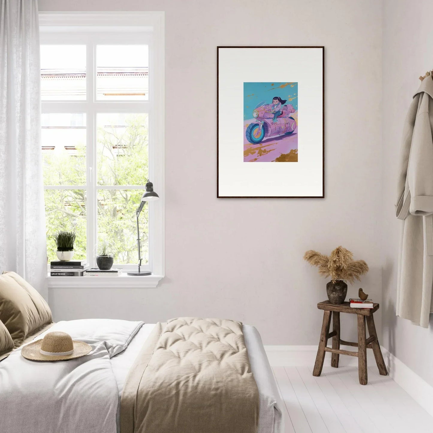Bright, airy bedroom featuring a colorful canvas print for stylish room decoration