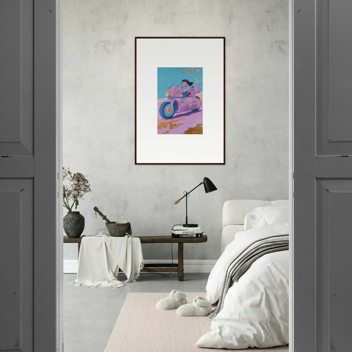 Framed canvas print of a person on a pink motorcycle, perfect for room decoration