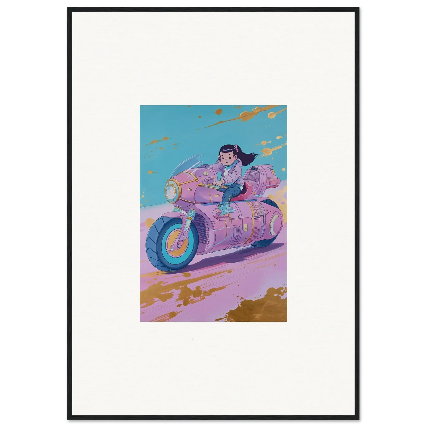 Cartoon character on a cool pink and purple motorcycle for Dreamwave Photon Chase canvas print