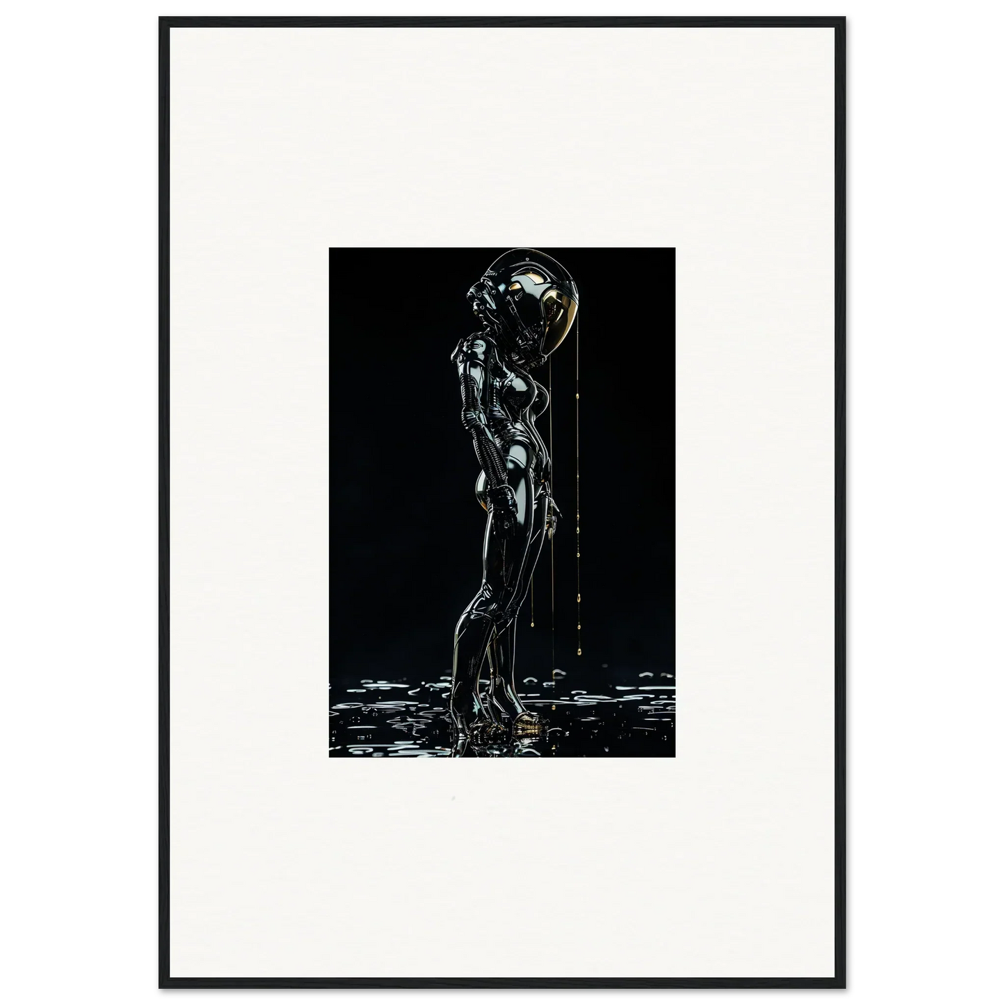 Metallic humanoid figure with a glowing spherical head standing in liquid.