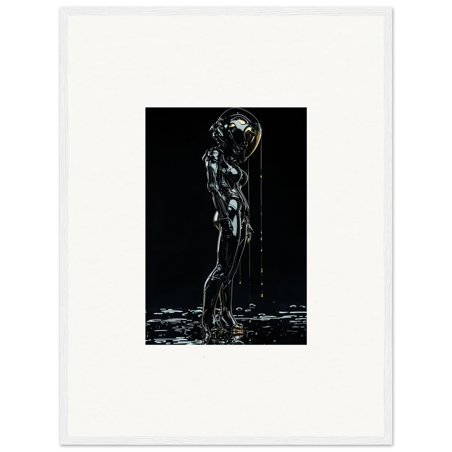 Metallic humanoid figure with liquid-like surface dripping or flowing over its form.