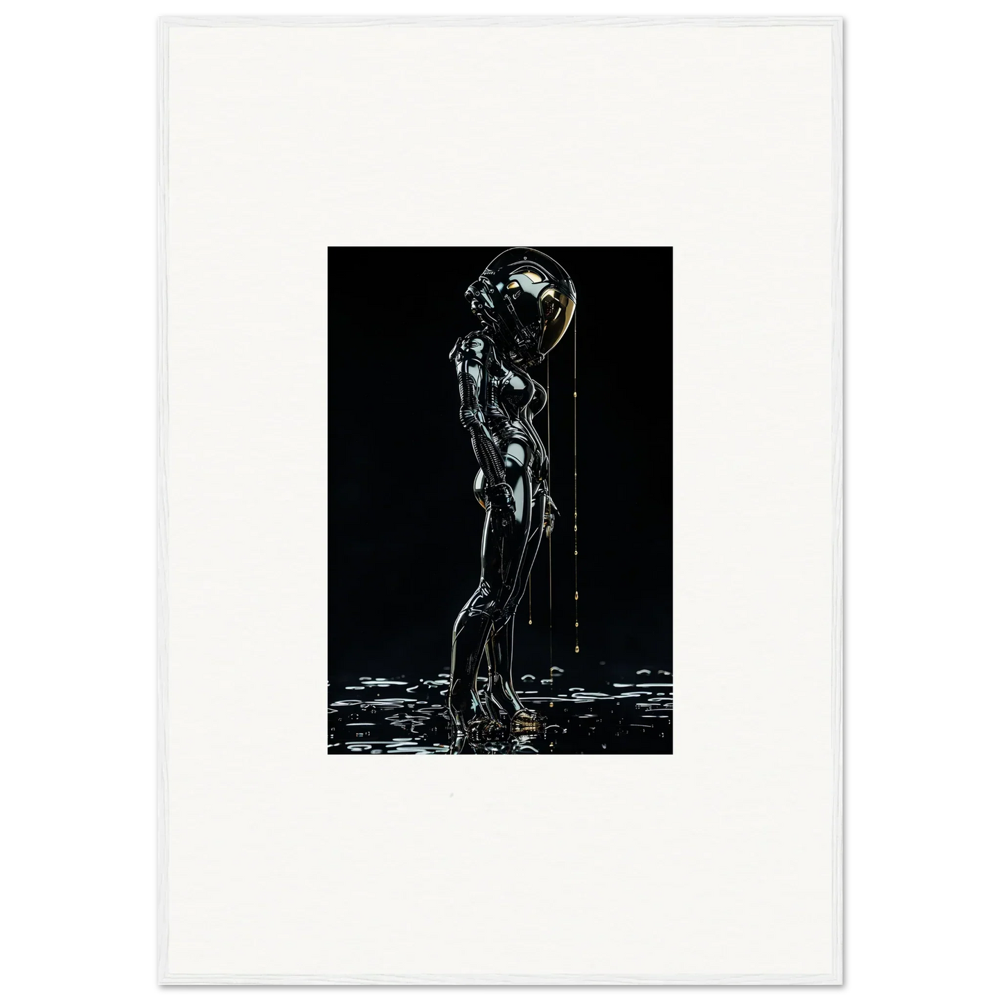 Metallic humanoid figure with a reflective spherical head standing in liquid.