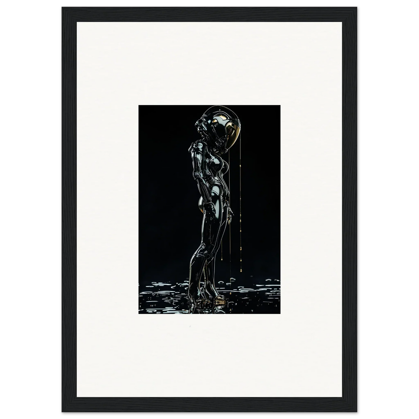 Stylized metallic figure with a spherical head standing in water.