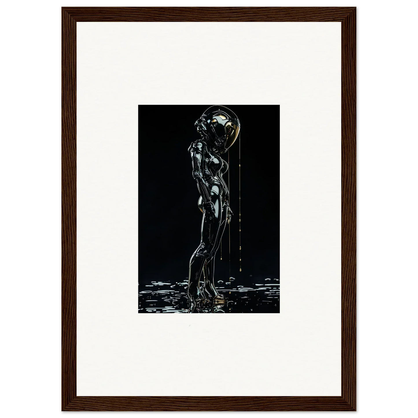 Stylized metallic humanoid figure with a spherical head, standing in water.