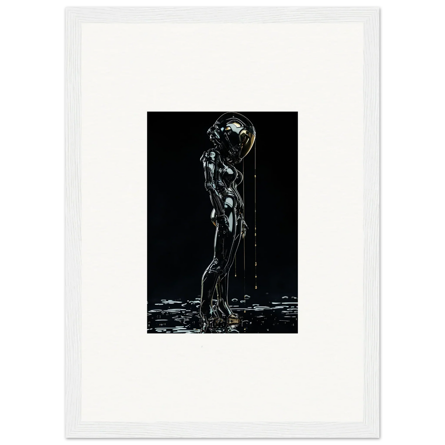 Silhouette of a nude figure with a glowing sphere for a head, standing in dripping liquid.