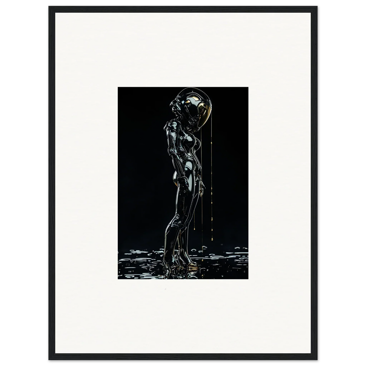 Stylized metallic humanoid figure standing with water dripping from its form.