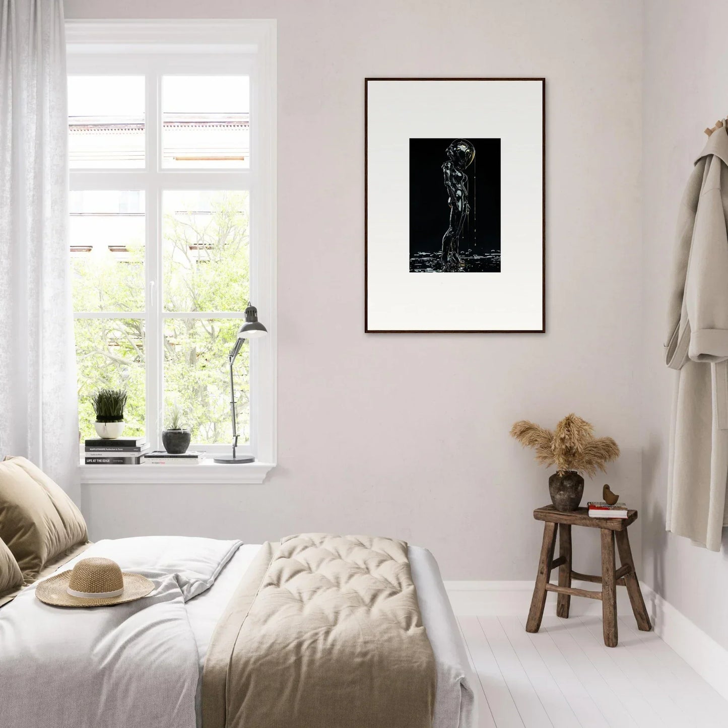 Serene bedroom with neutral tones and minimalist decor.