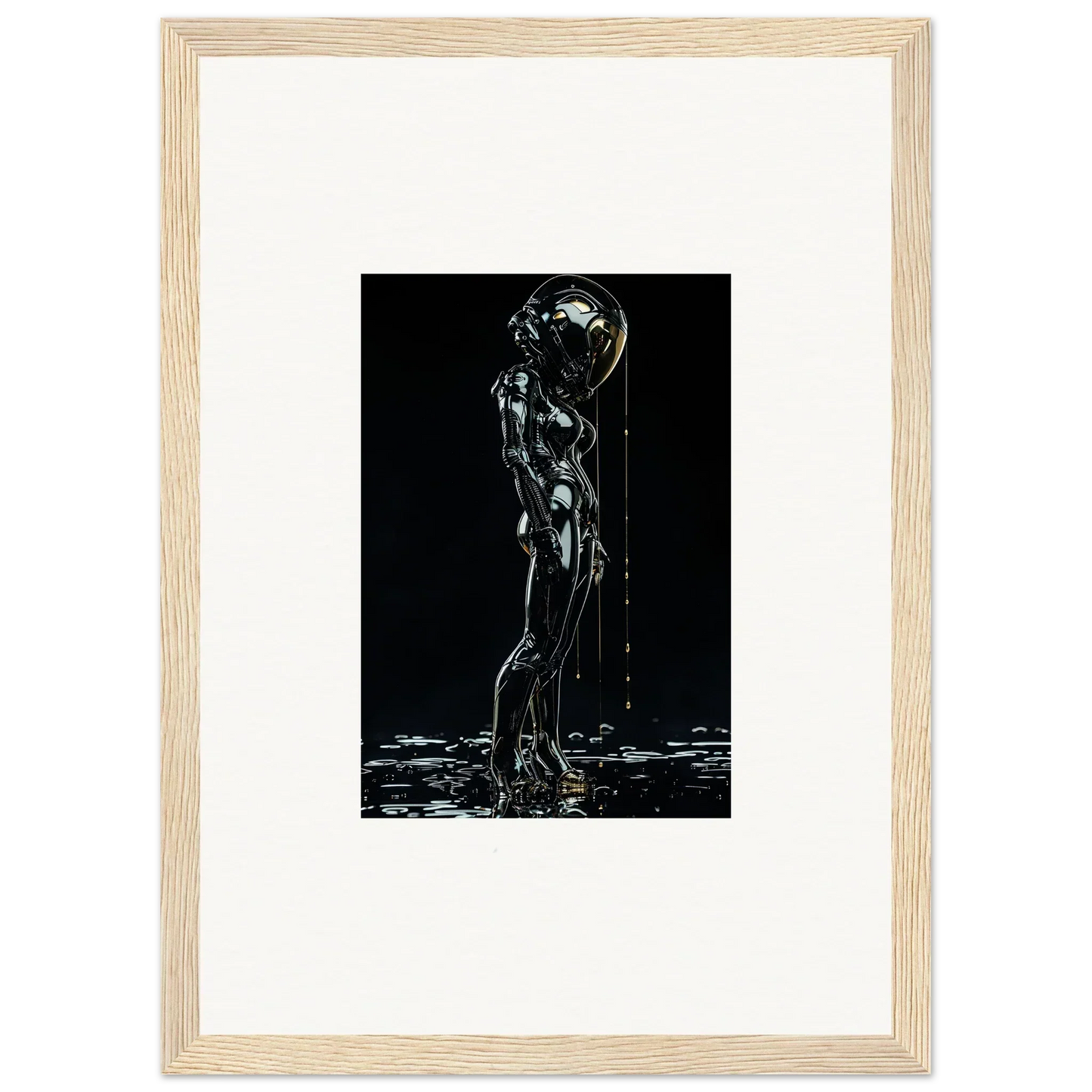 Silhouette of a nude figure with a glowing spherical head standing in water.