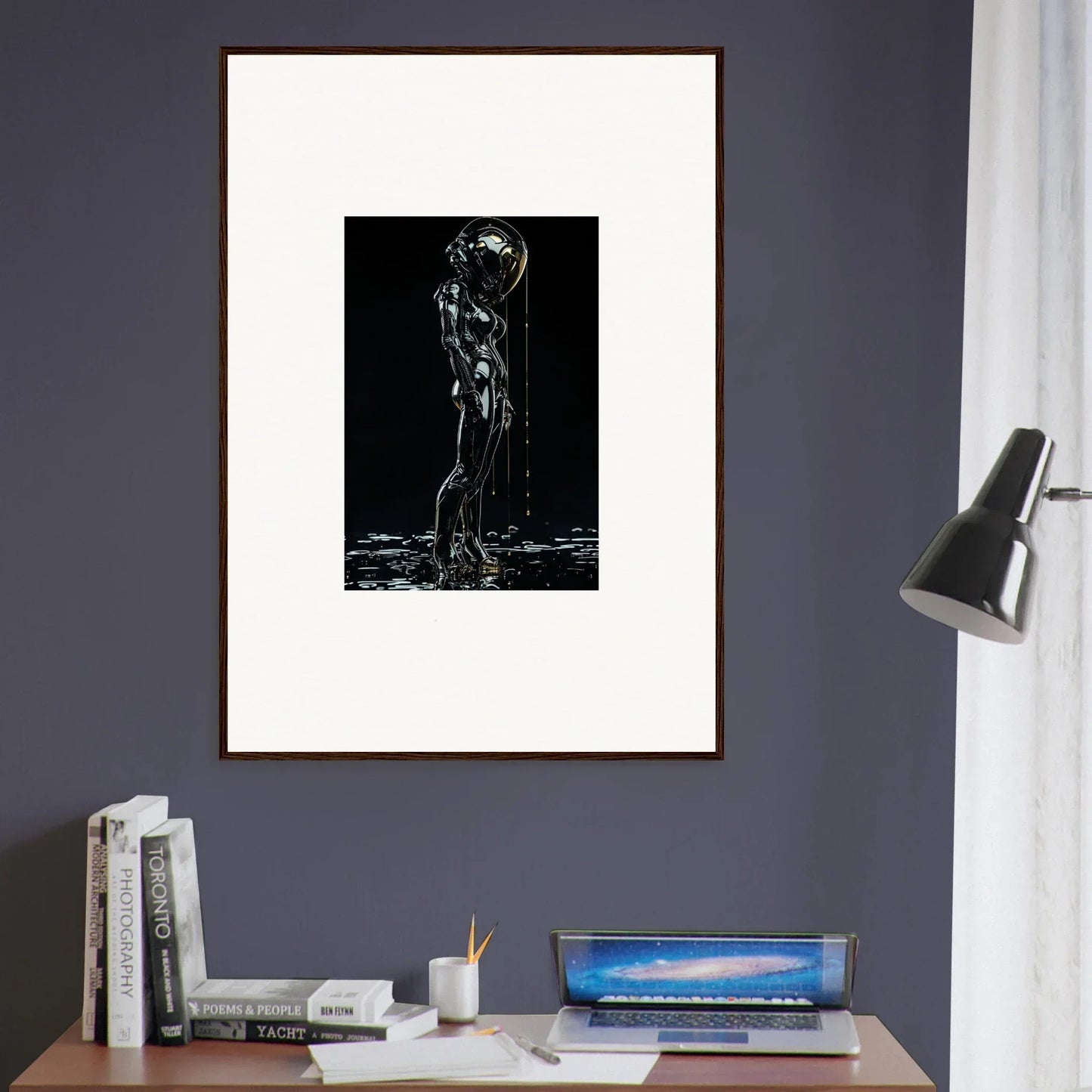 Framed black and white artwork depicting a figure with water cascading over their body.