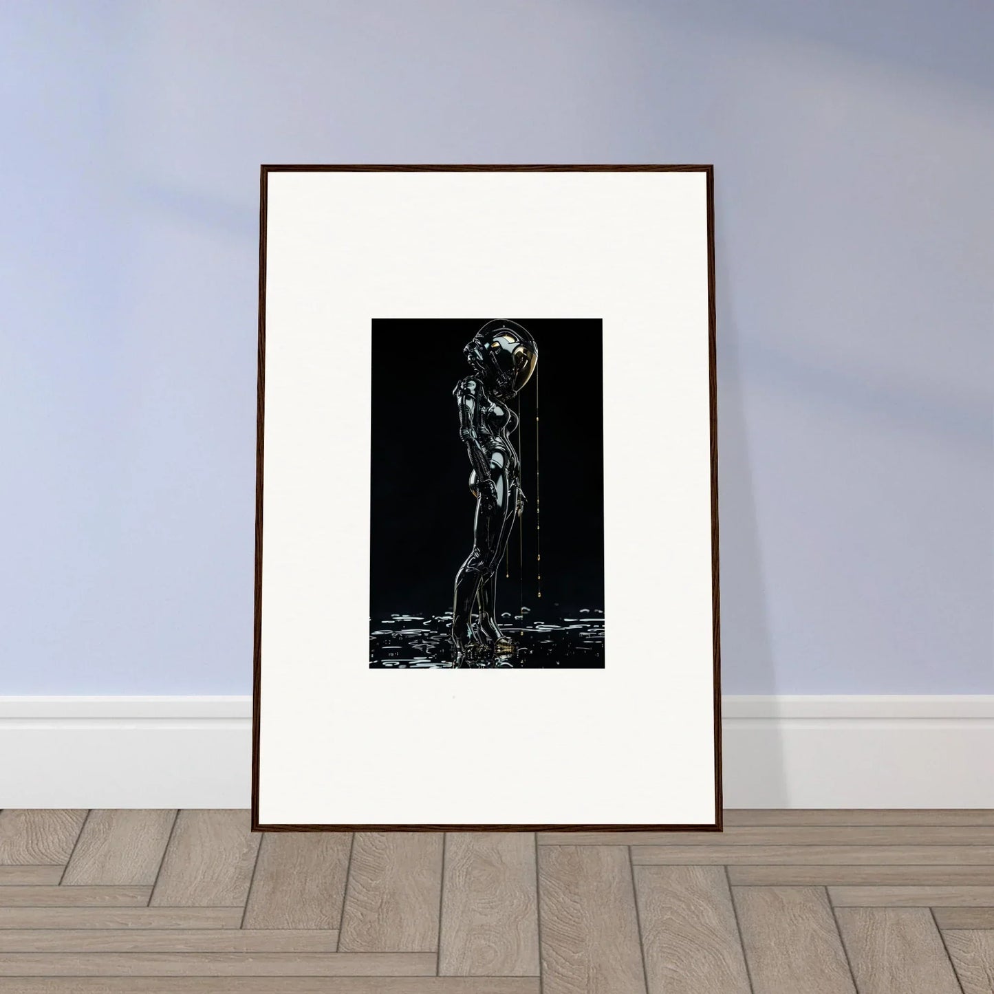 Framed black and white artwork depicting a figure covered in dripping liquid.