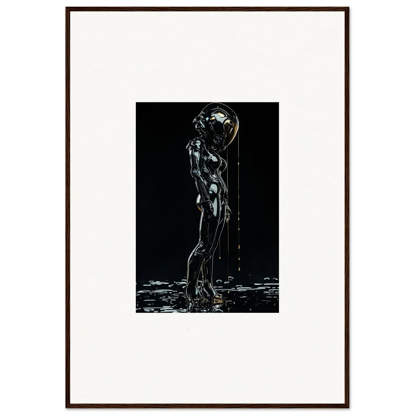 Metallic humanoid figure standing in water with a glowing orb for a head.