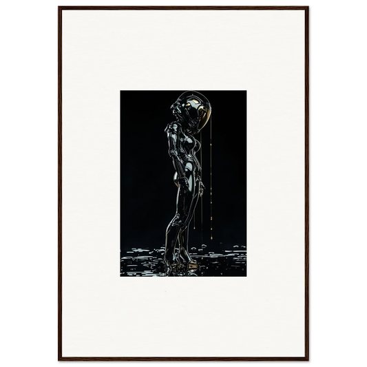 Metallic humanoid figure standing in water with a glowing orb for a head.