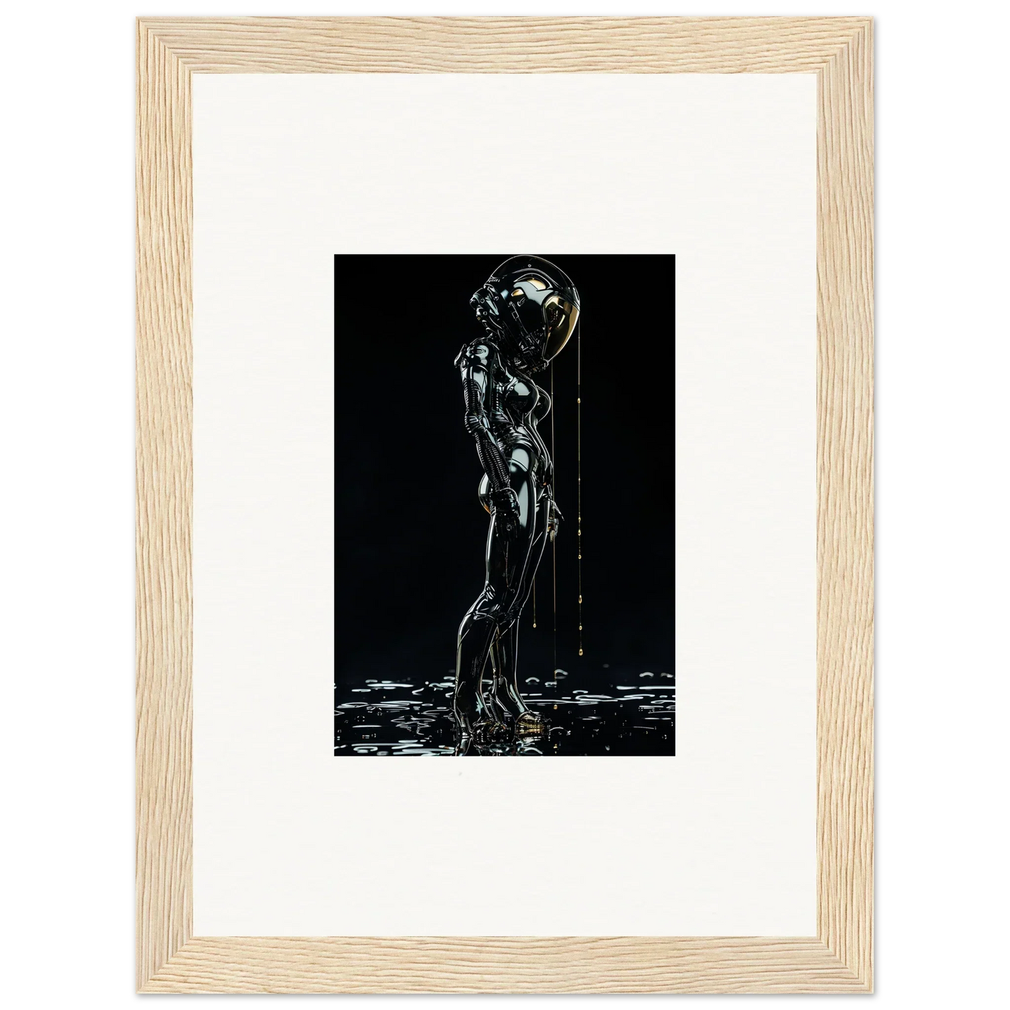 Silhouette of a nude figure with water dripping from its body against a dark background.