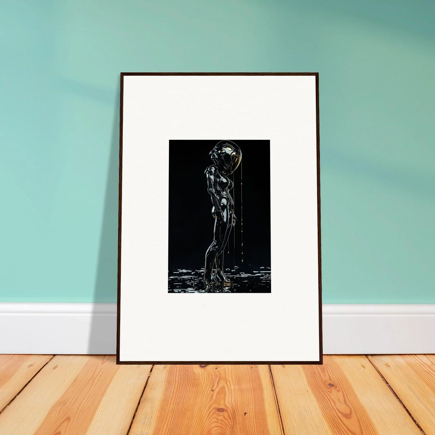 Framed black and white artwork depicting a stylized human figure composed of flowing lines.