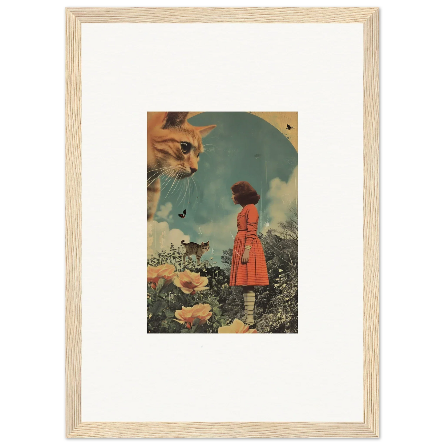Framed surrealist collage of giant cat head over a person in red coat among flowers for room decor