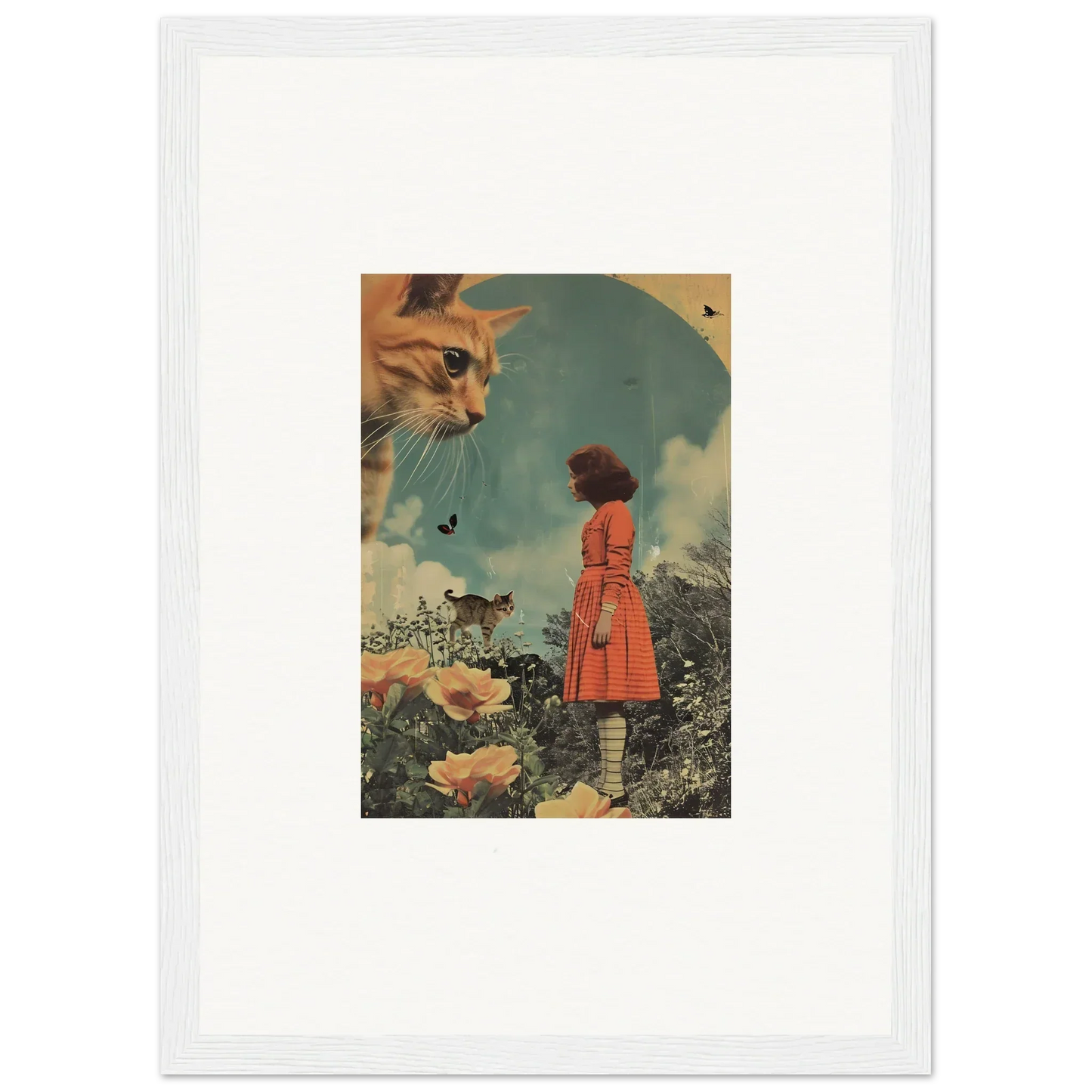 Surreal collage of a giant cat face and a figure in a red coat, ideal for feline dimensions room decor