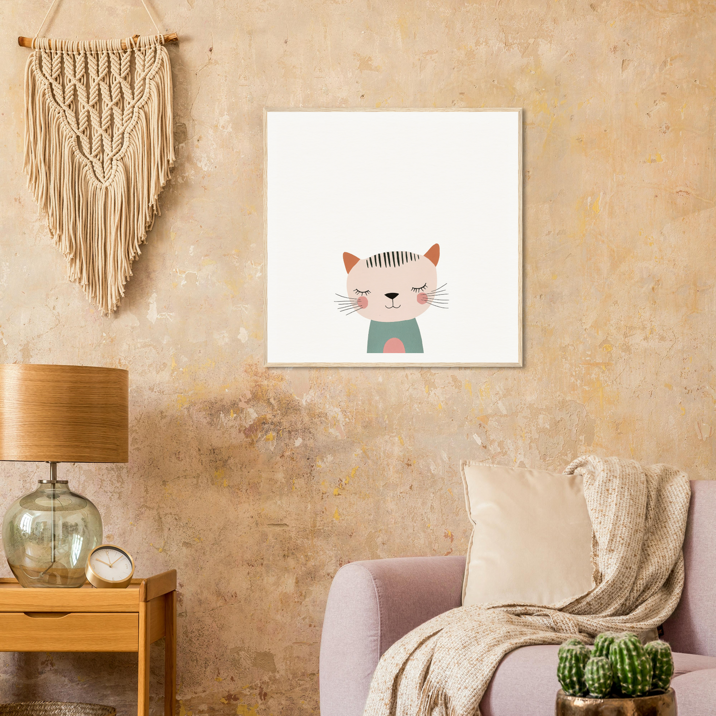 Simple cartoon illustration of a cat in a blue shirt for Dreamy Feline Whimsy
