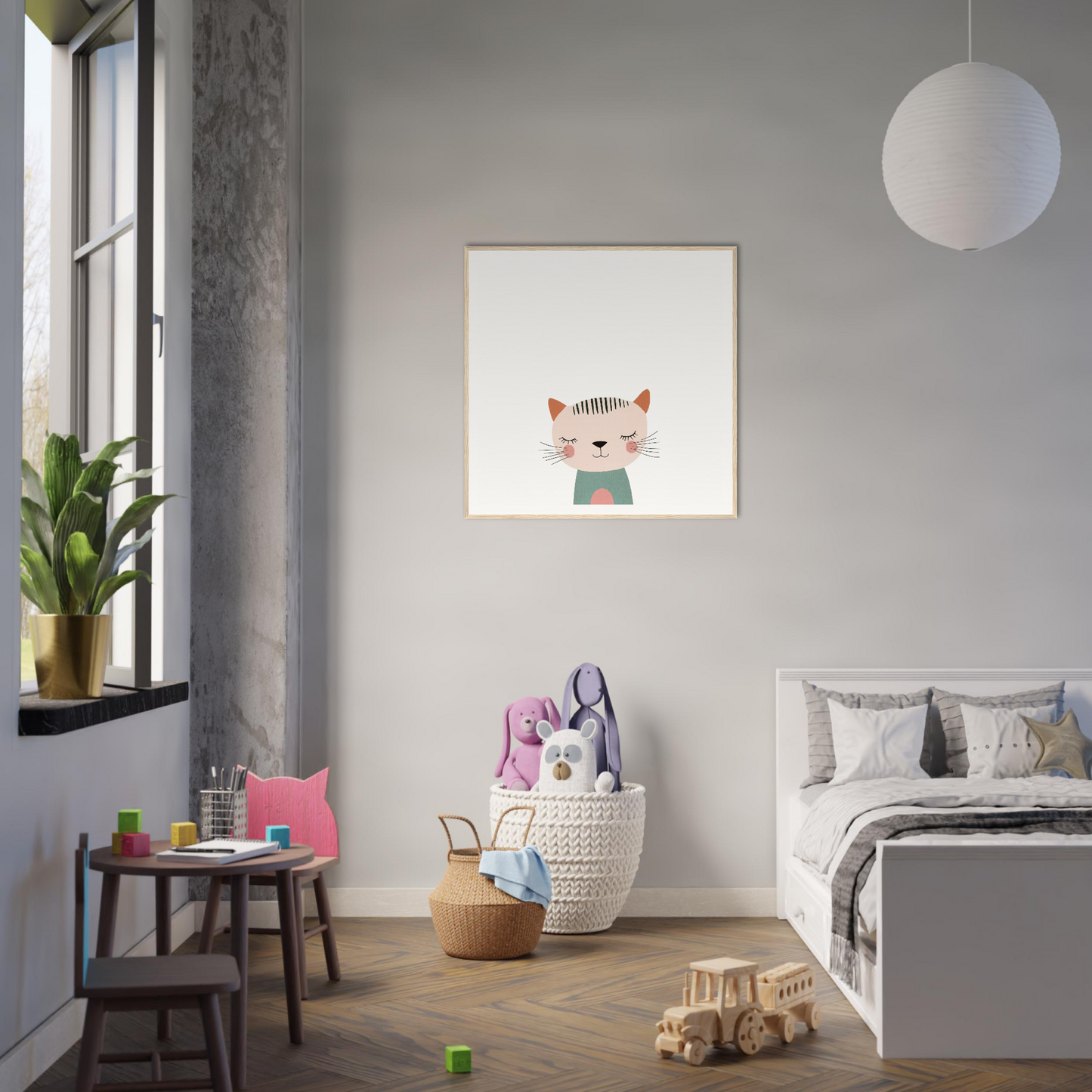 Minimalist cartoon cat illustration in a white frame for Dreamy Feline Whimsy