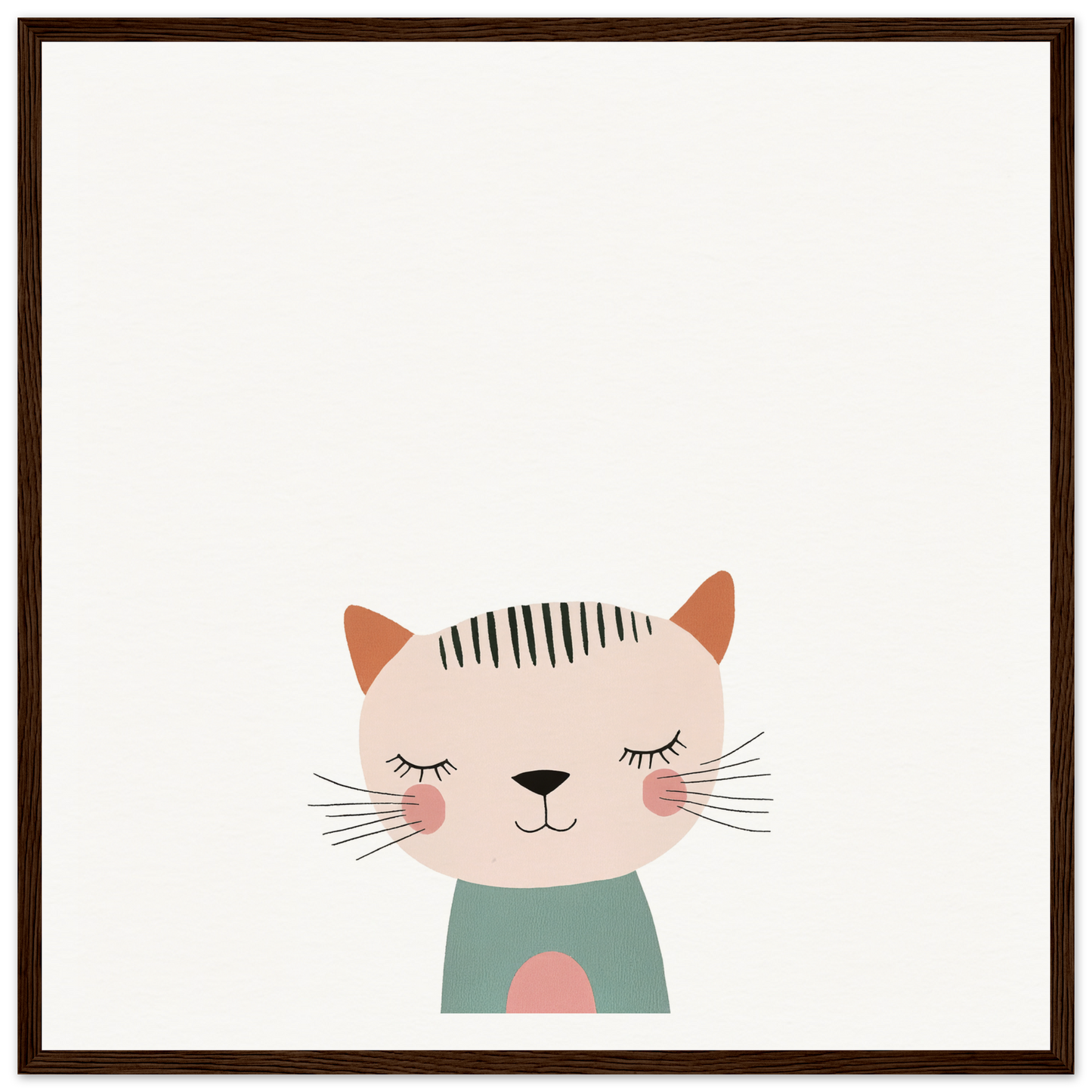 Cute cartoon cat in mint green shirt with closed eyes and rosy cheeks for Dreamy Feline Whimsy