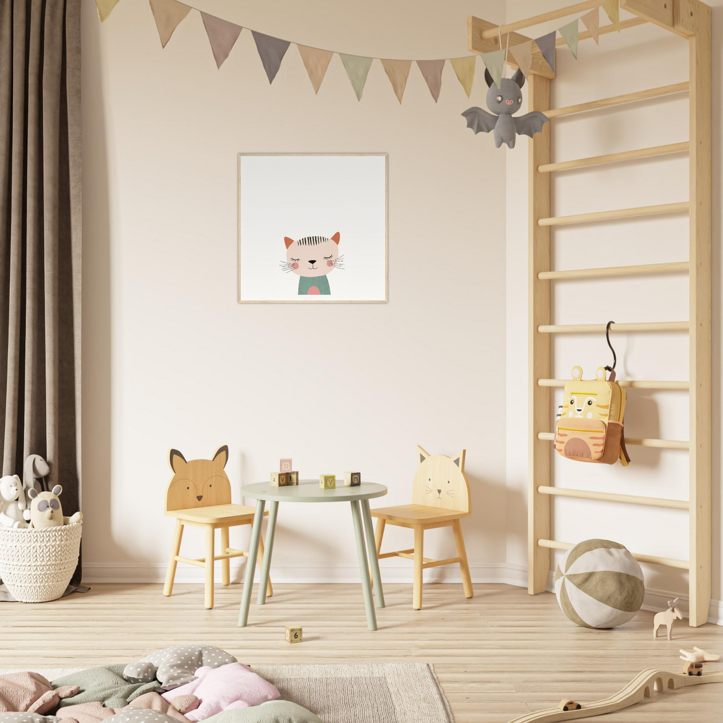 Children’s play area featuring animal-themed chairs and a round table by Dreamy Feline Whimsy