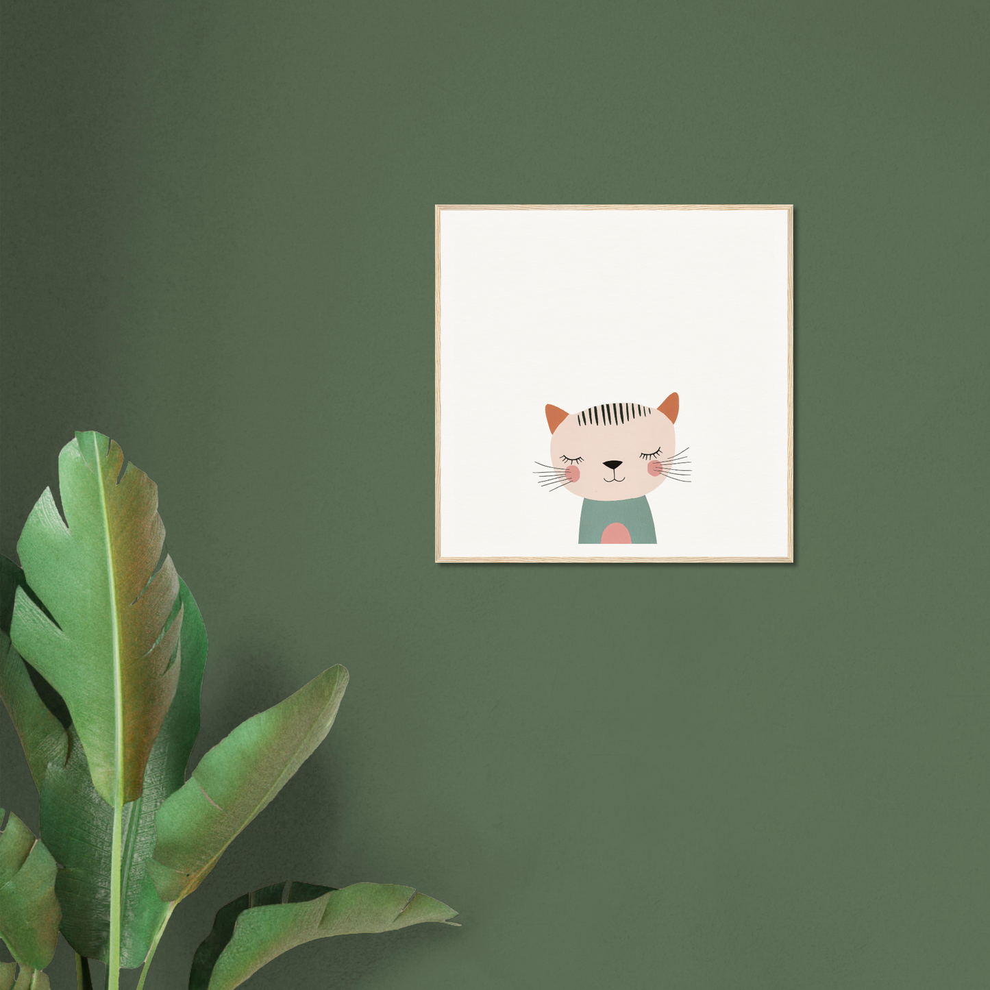 Framed artwork of a cute cartoon cat in a green scarf from Dreamy Feline Whimsy