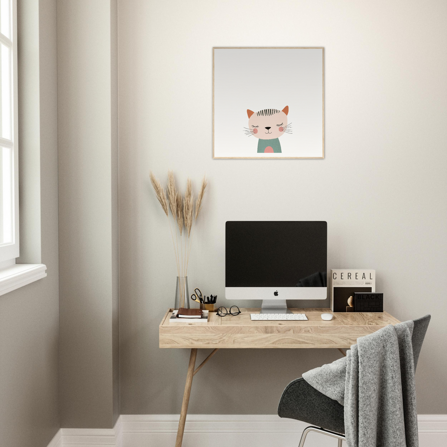 Simple wooden desk with iMac and minimalist decor in Dreamy Feline Whimsy setting