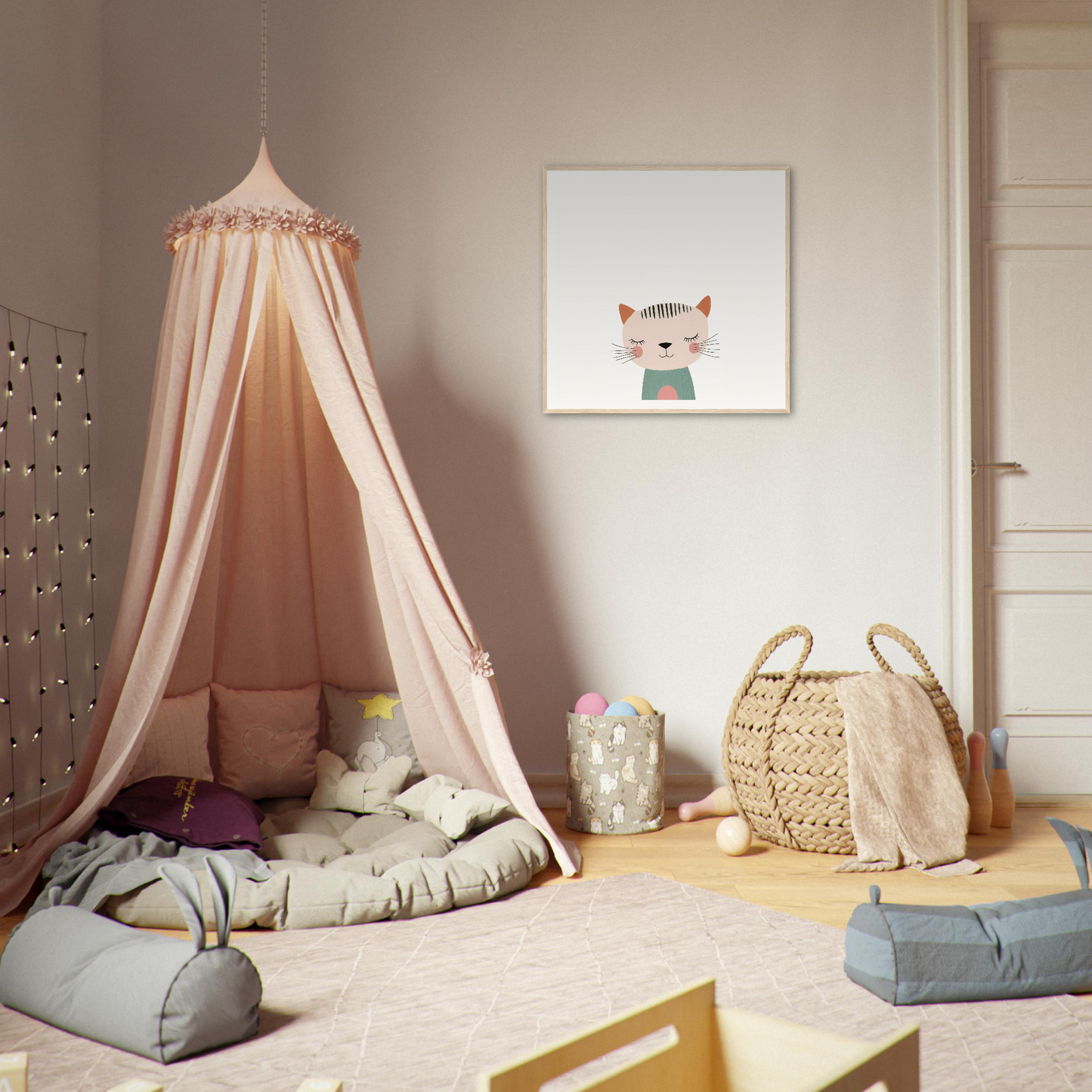 Peach-colored canopy tent with decorative trim from Dreamy Feline Whimsy collection