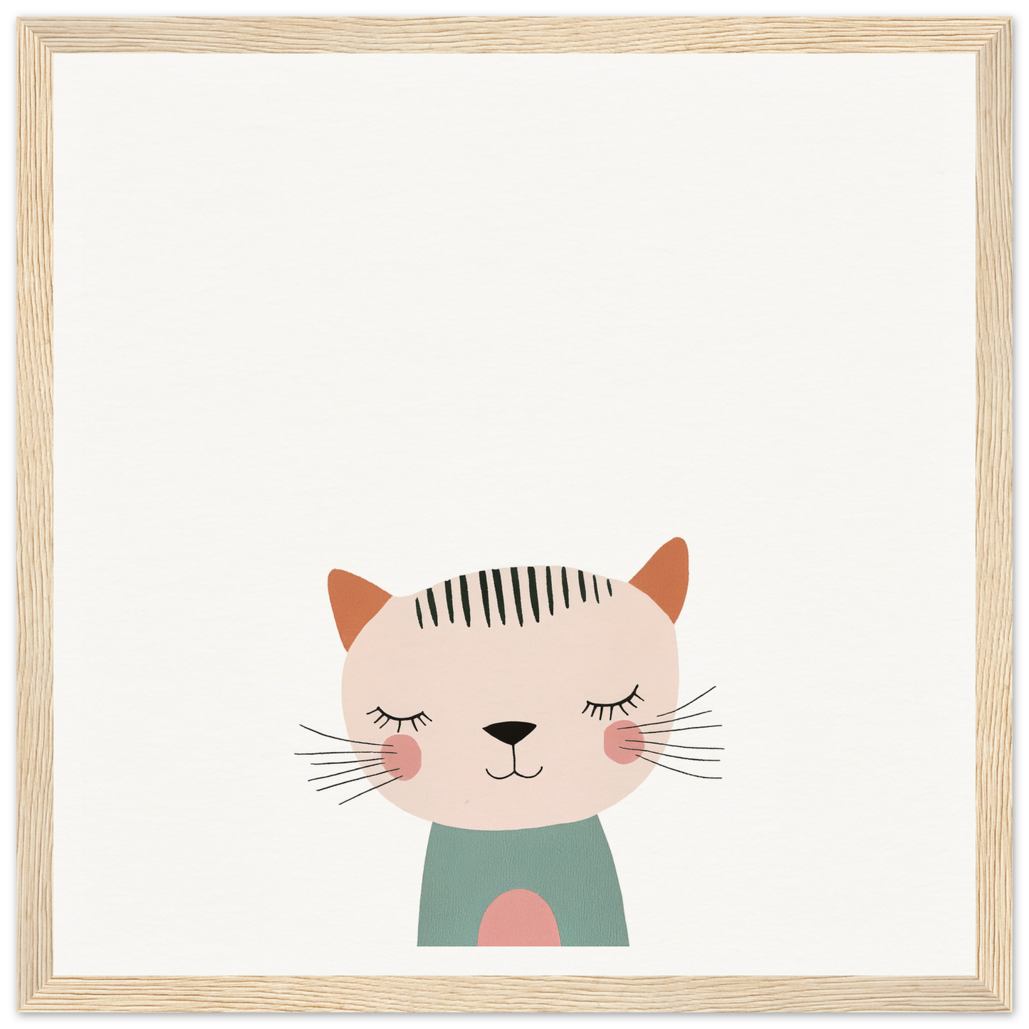 Cute cartoon cat in mint green shirt with closed eyes and rosy cheeks for Dreamy Feline Whimsy