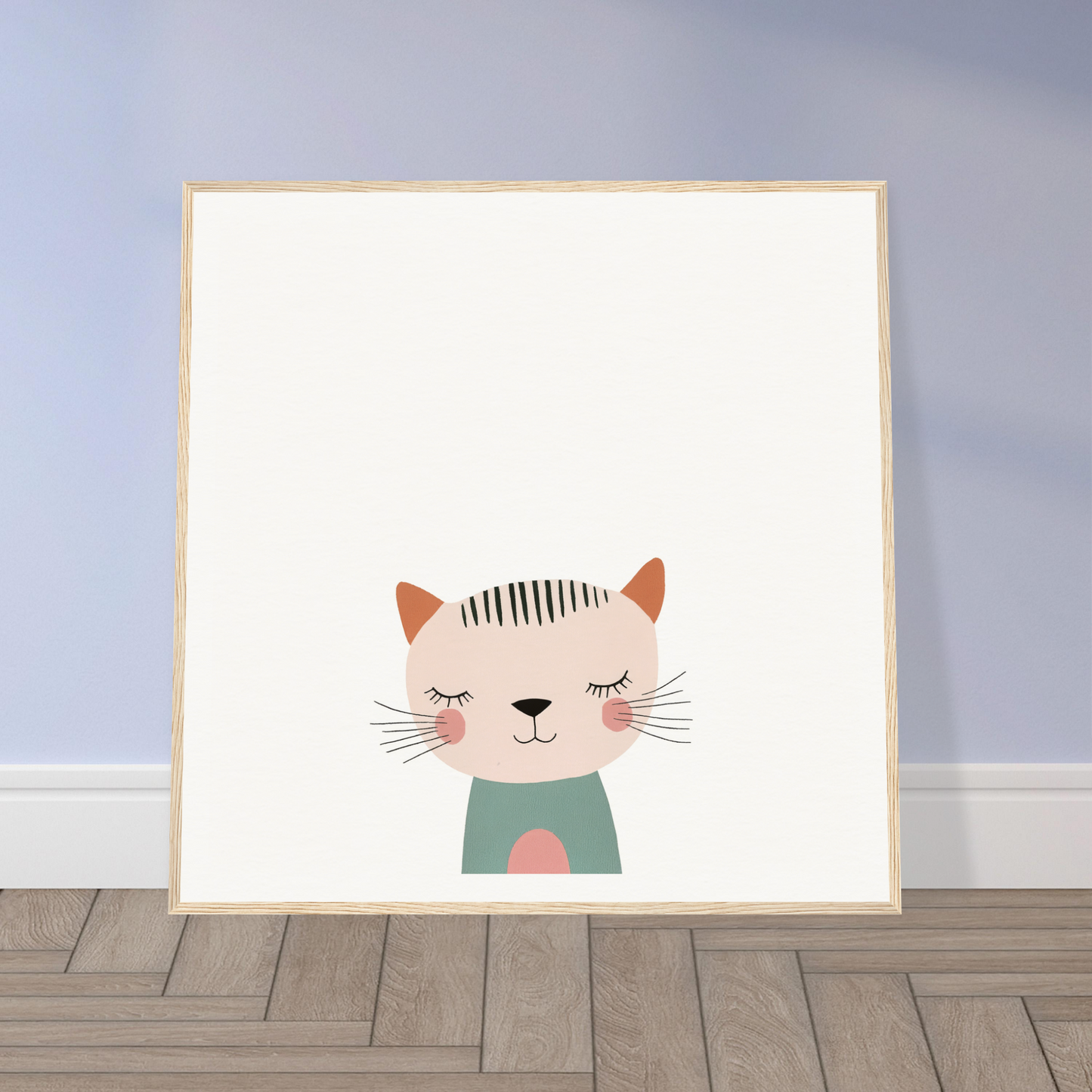 Cute cartoon cat illustration in a mint green shirt with pink circle for Dreamy Feline Whimsy