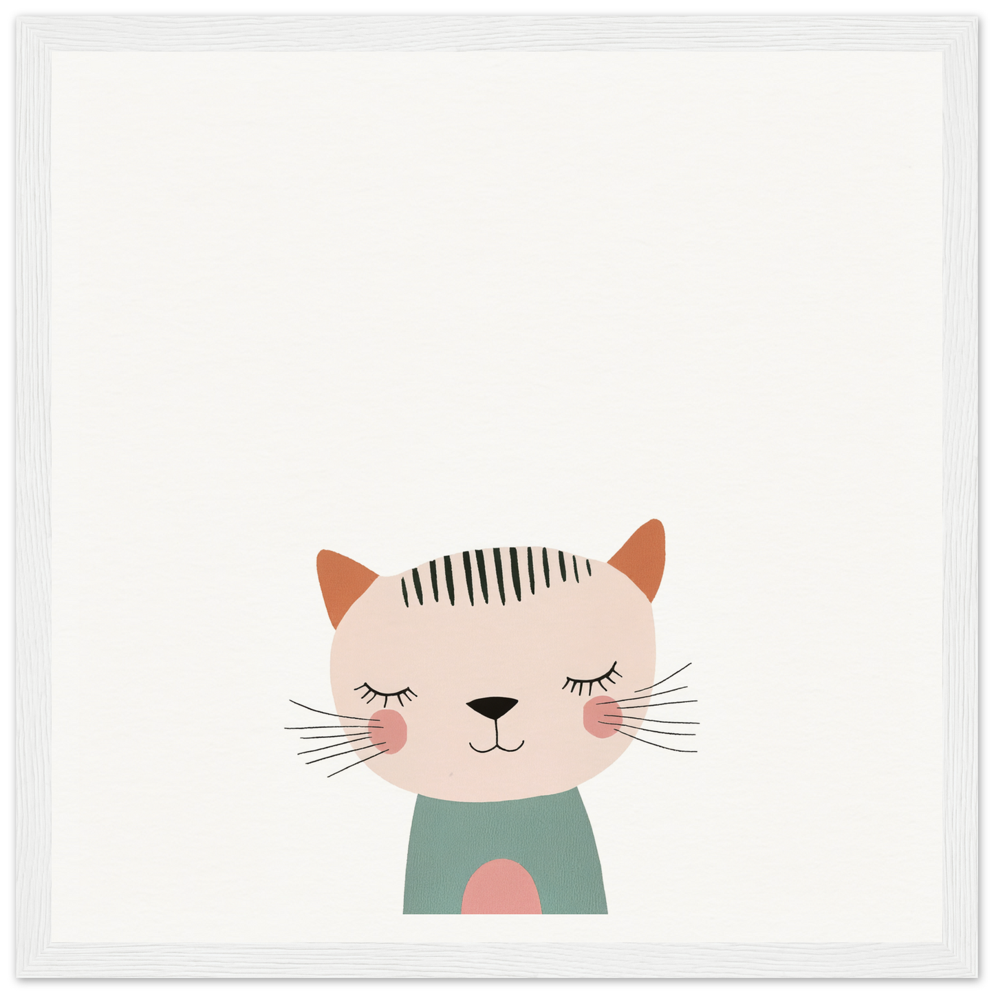Cute cartoon cat in a mint green shirt with closed eyes and rosy cheeks for Dreamy Feline Whimsy