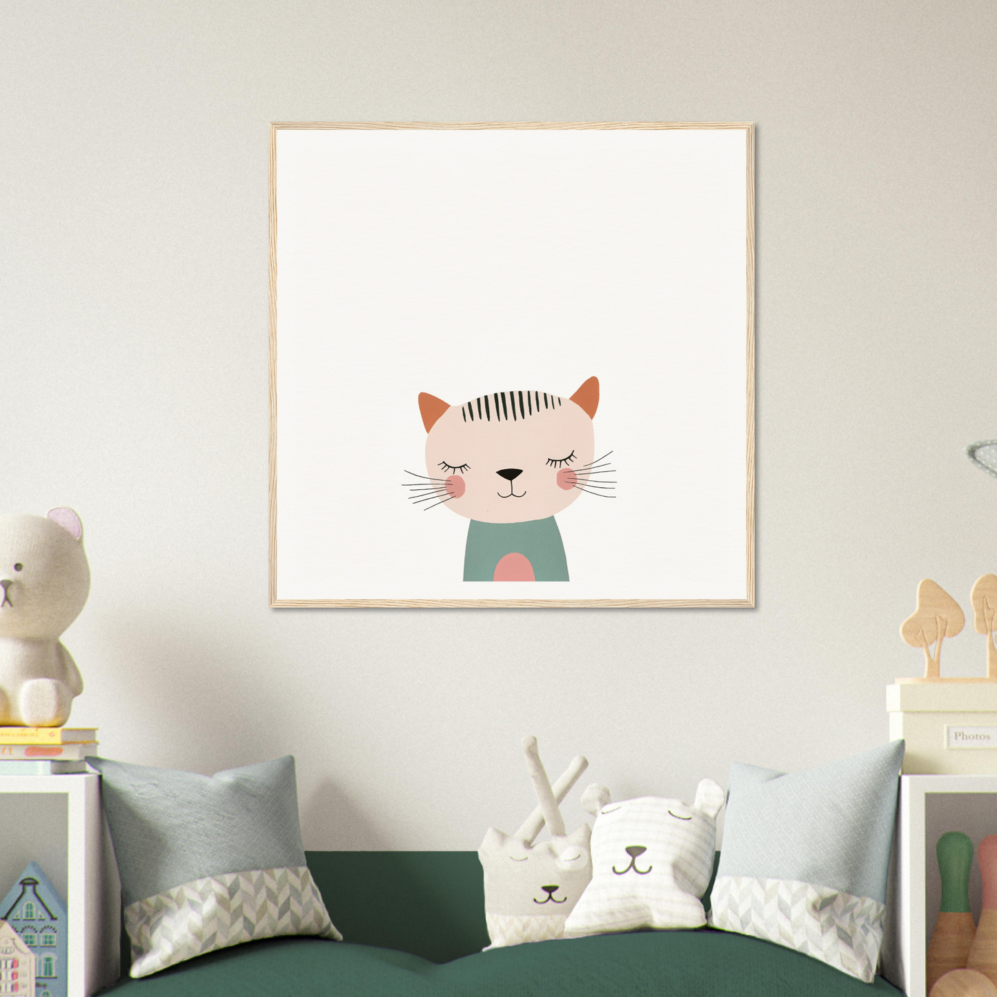 Simple cartoon illustration of a smiling cat in a green shirt from Dreamy Feline Whimsy