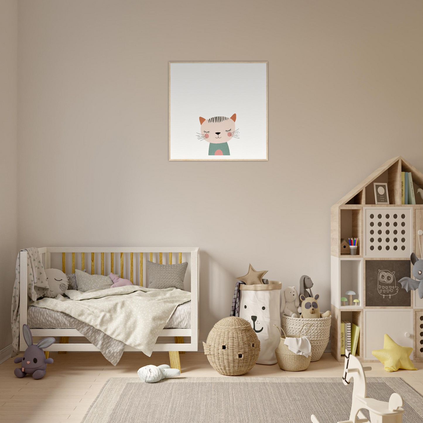 Wooden crib with gray bedding and yellow slats from Dreamy Feline Whimsy
