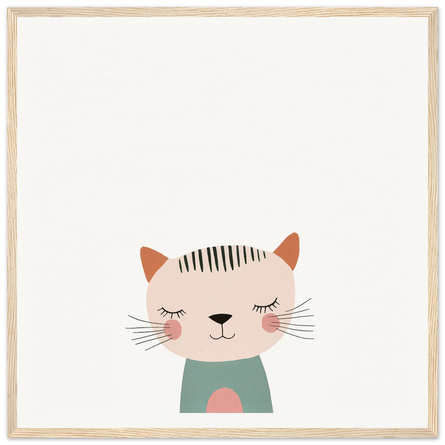 Cute cartoon cat in mint green shirt, eyes closed, featured in Dreamy Feline Whimsy