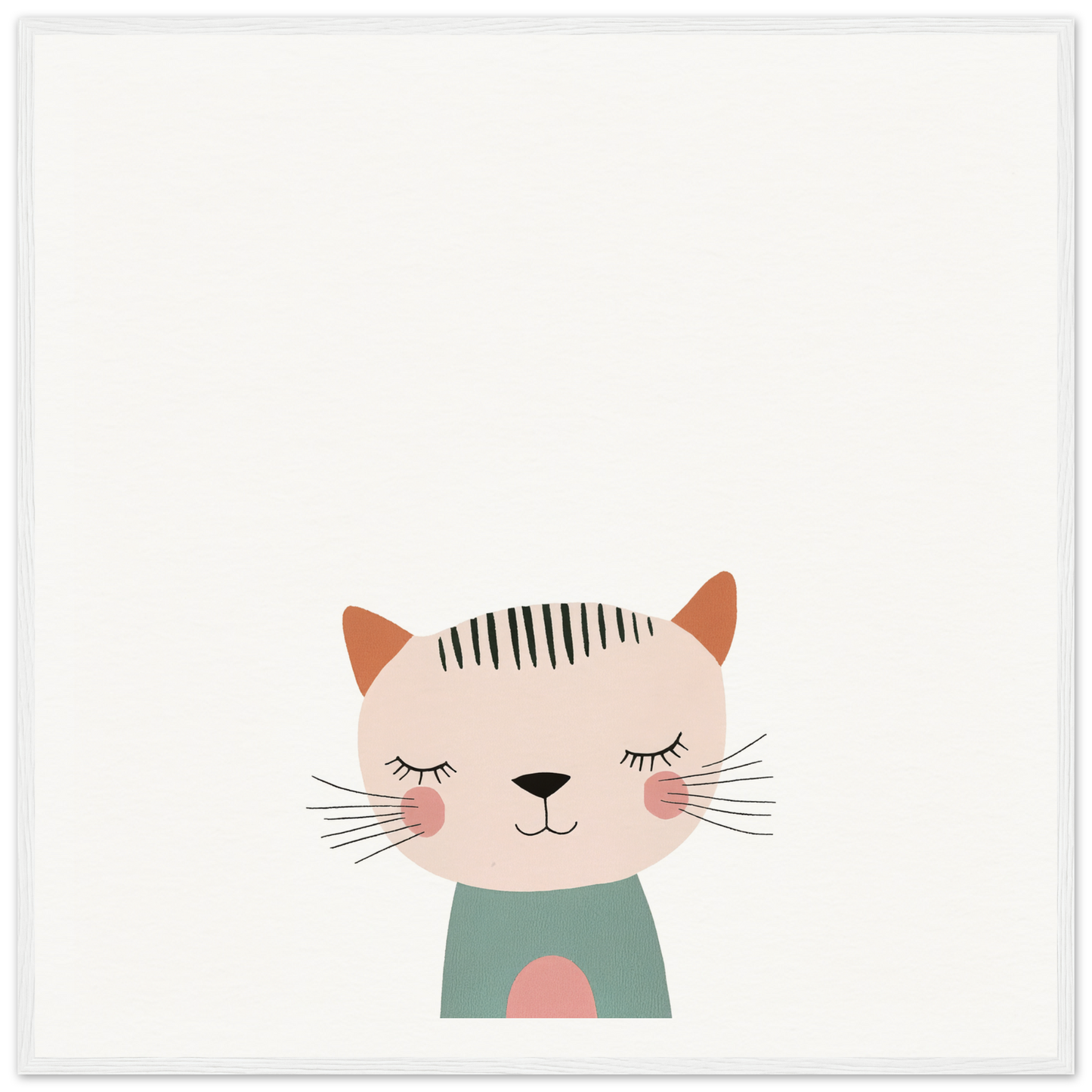 Cute cartoon cat in mint green shirt, eyes closed, featured in Dreamy Feline Whimsy