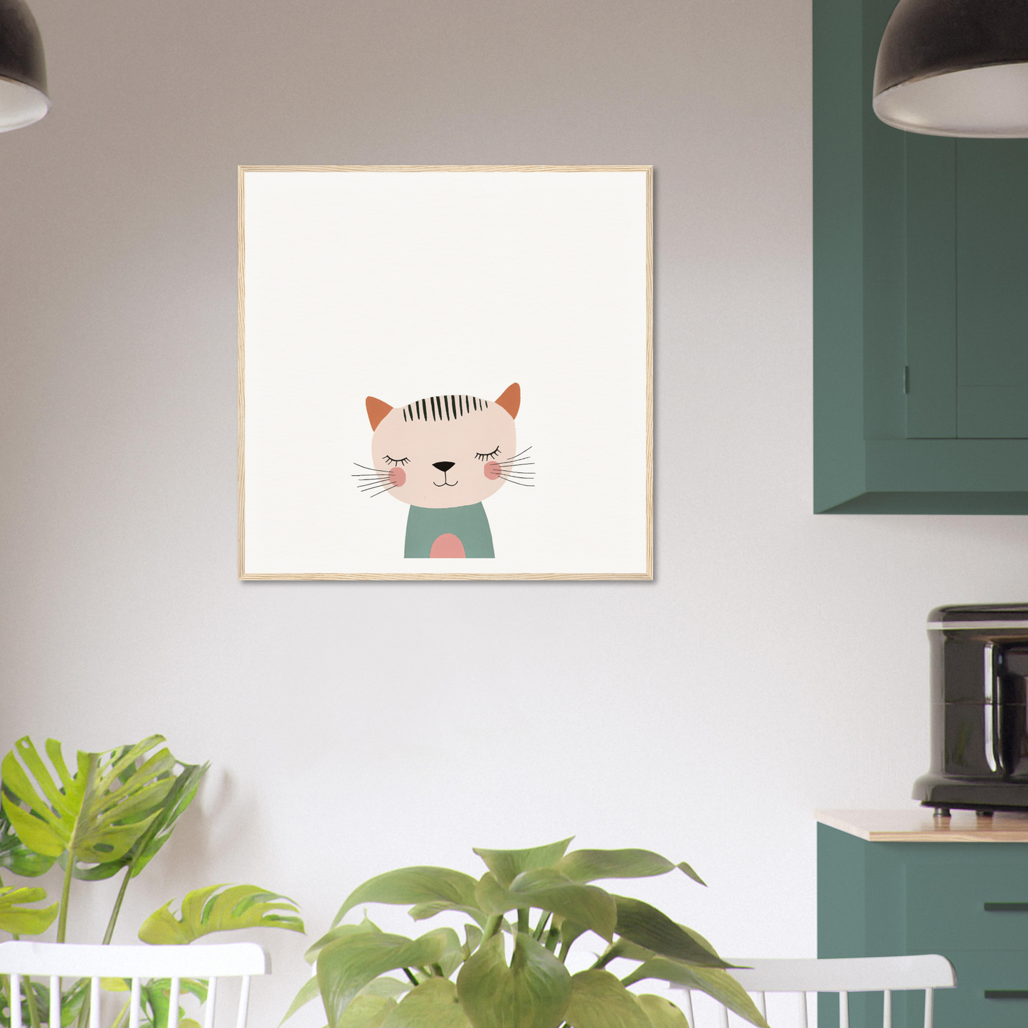 Cute cartoon cat in a green sweater in minimalist style for Dreamy Feline Whimsy