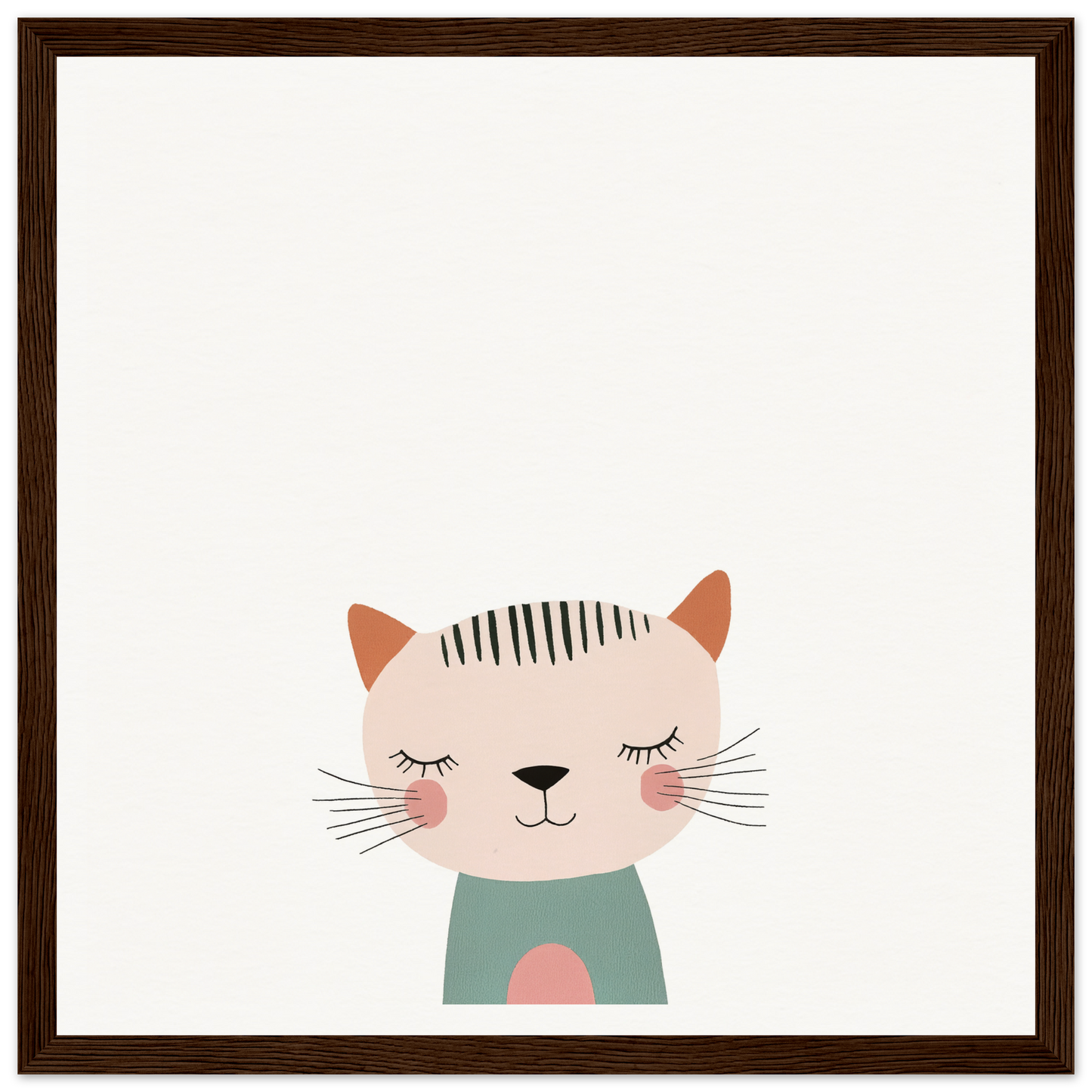 Cute cartoon cat in mint green shirt with closed eyes and pink cheeks for Dreamy Feline Whimsy