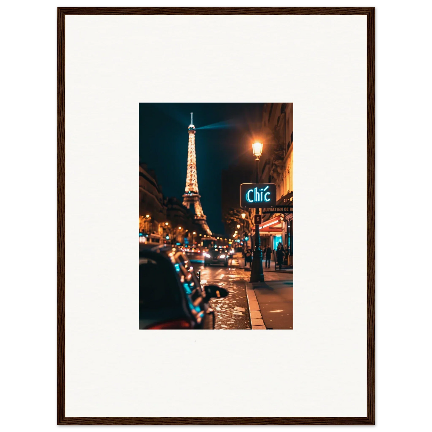 Framed canvas print of a Parisian night street with the Eiffel Tower, perfect wall art