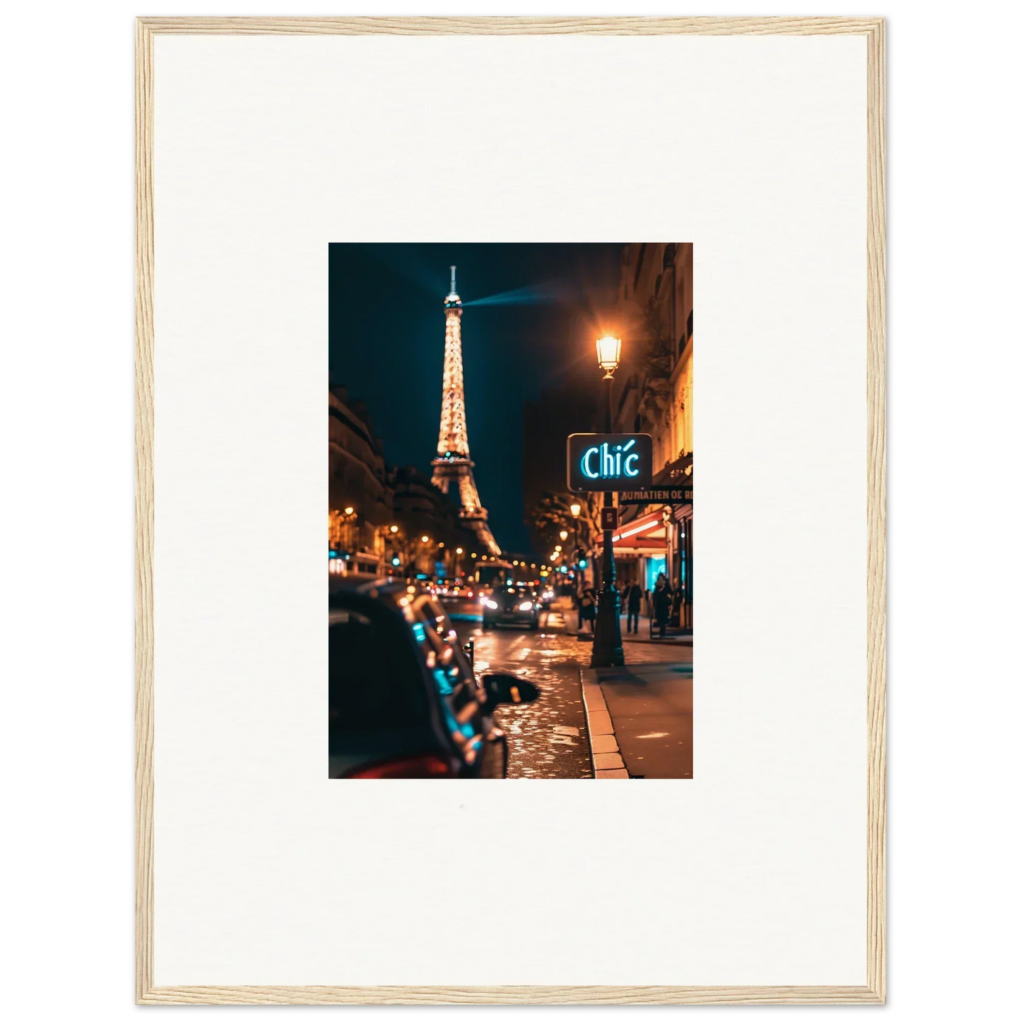 Framed wall art of a Paris night scene with the glowing Eiffel Tower for room decoration