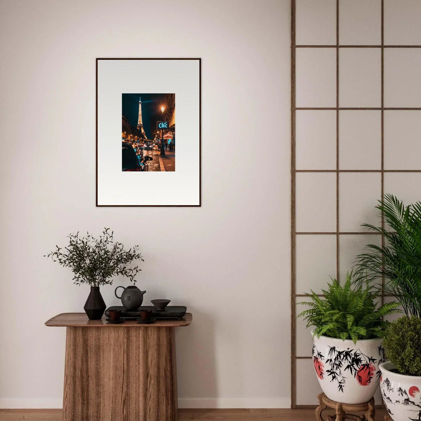 Framed canvas print of a Paris street scene with the Eiffel Tower for chic room decoration