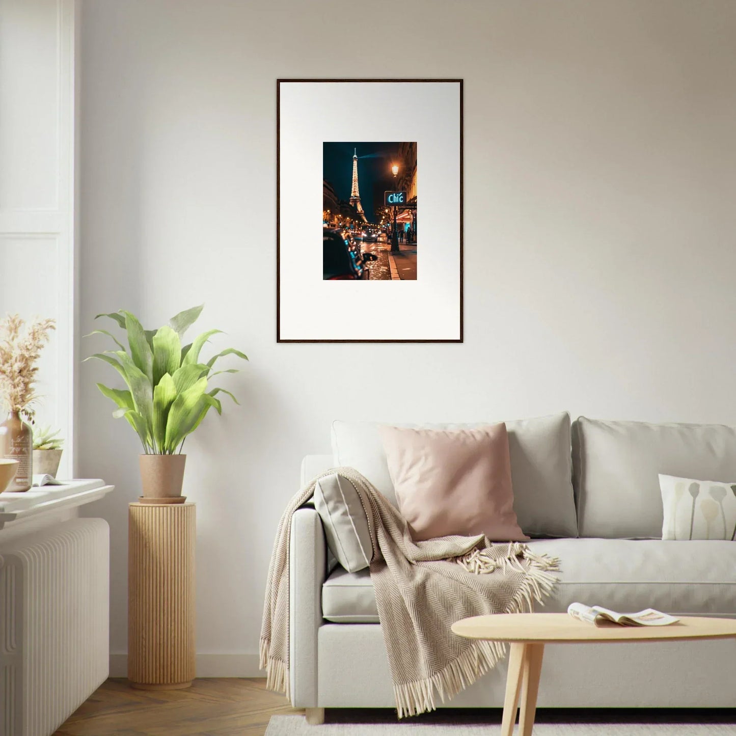 Framed nighttime cityscape wall art of the Eiffel Tower for stylish room decoration