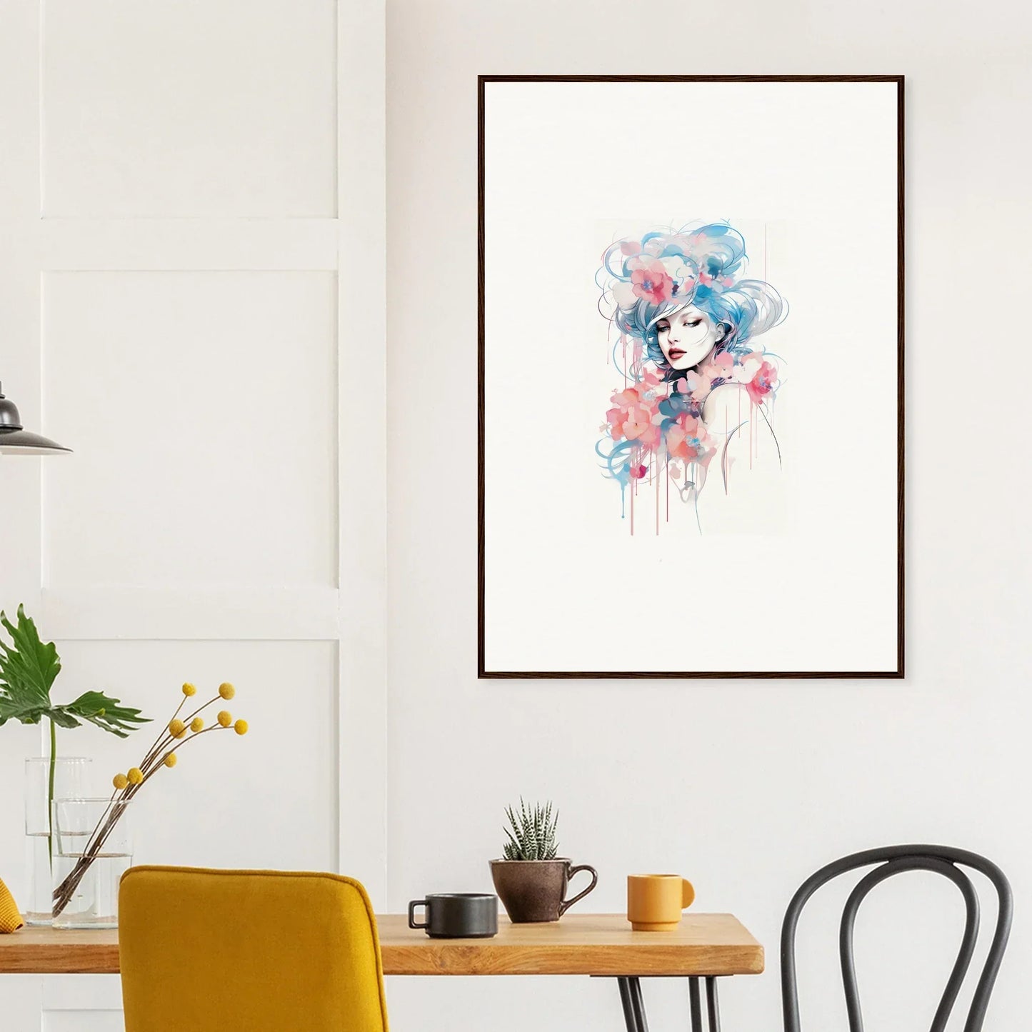Framed watercolor portrait of a woman in pink and blue, perfect for dream delirium decor