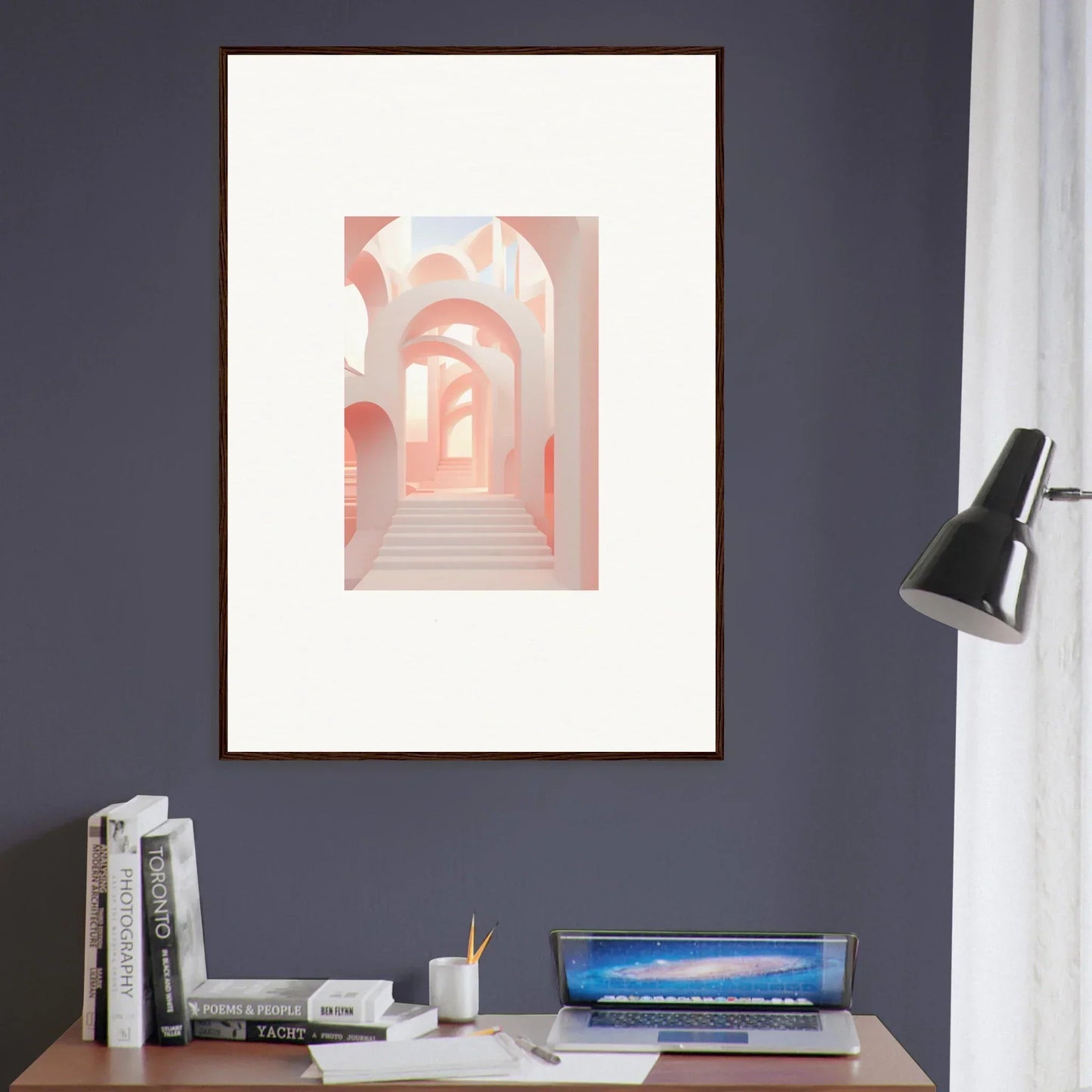 Framed artwork depicting a series of pink arched passageways.