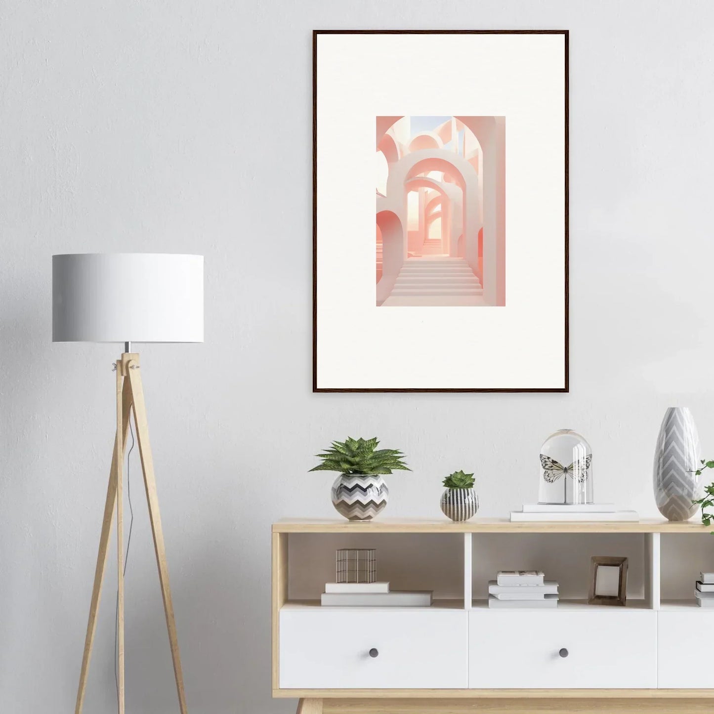 Framed artwork depicting a pastel-colored arched passageway or corridor.