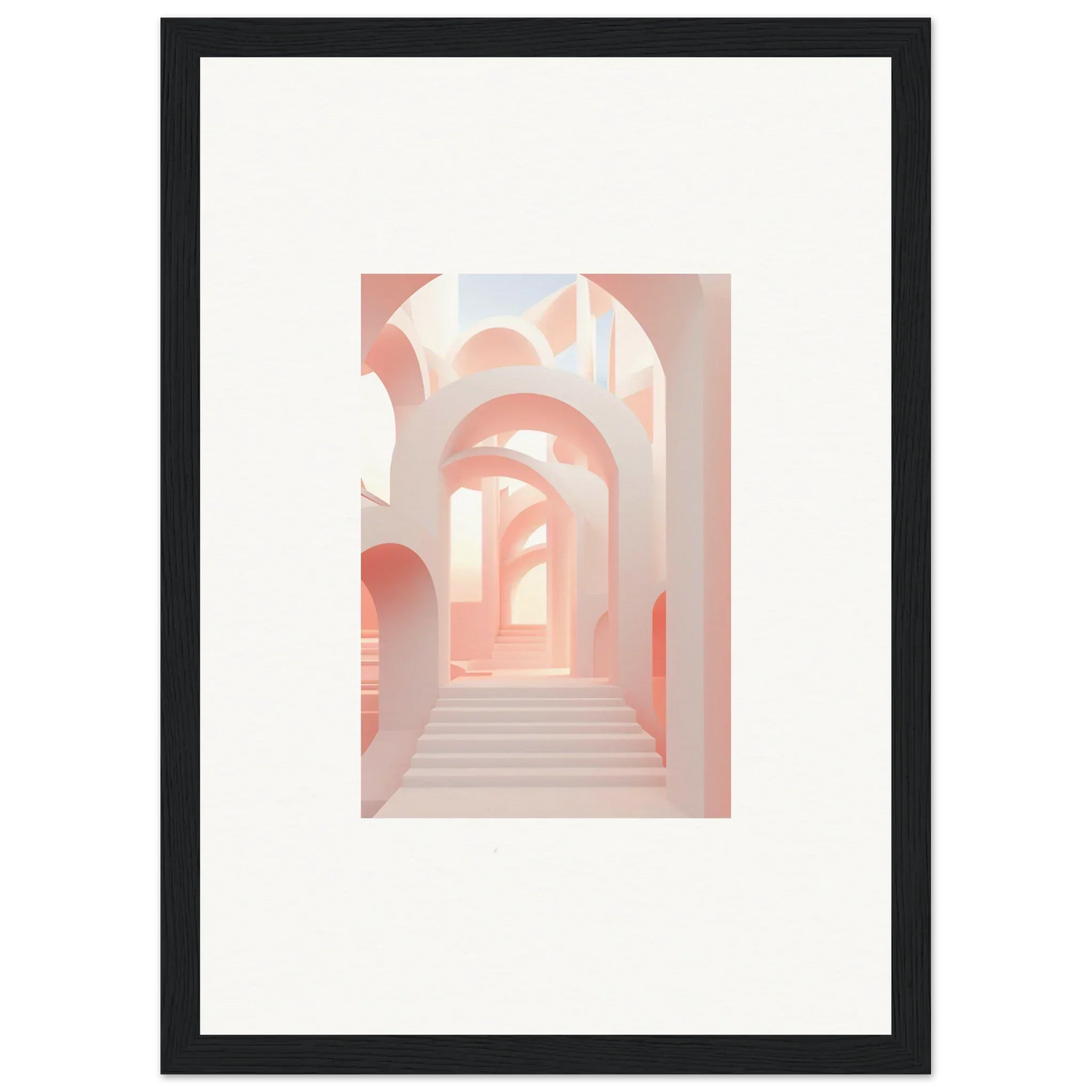 Framed artwork depicting a pastel-colored architectural passageway with arches.