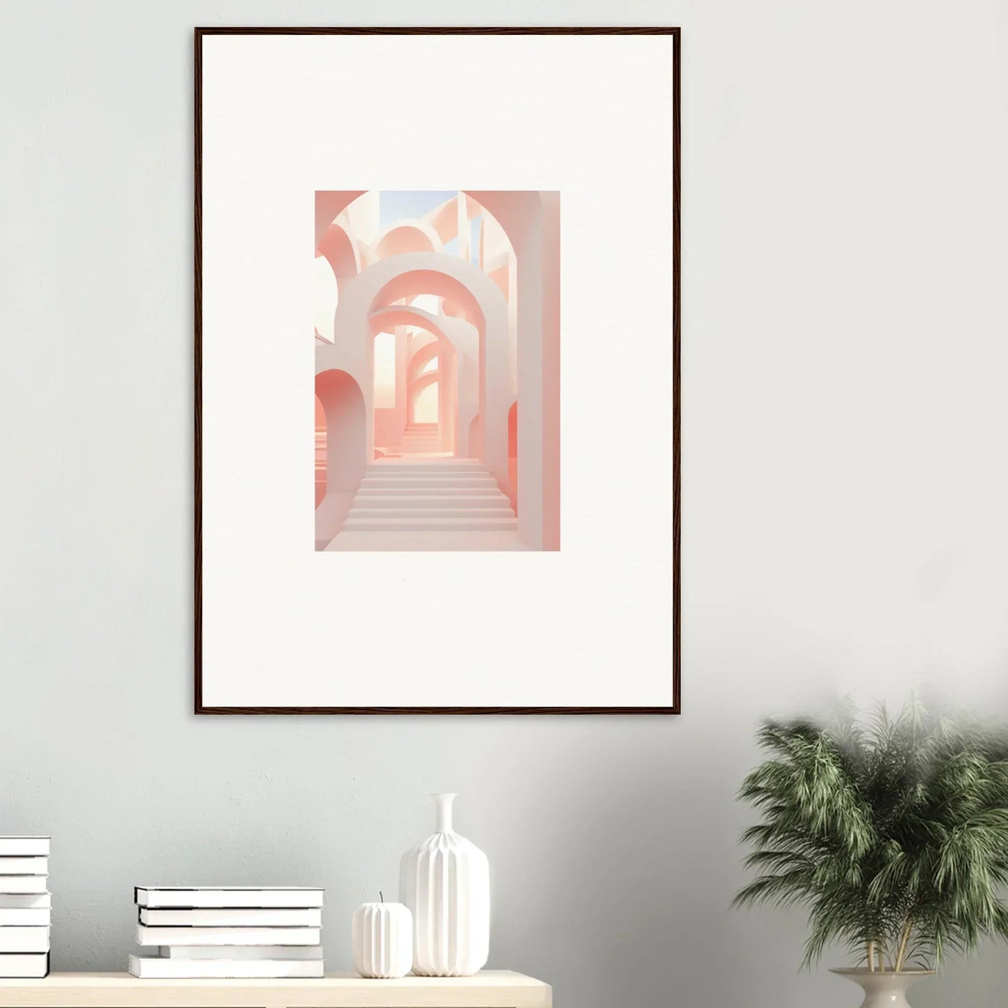 Framed artwork depicting a pastel-colored architectural passageway with arches and stairs.