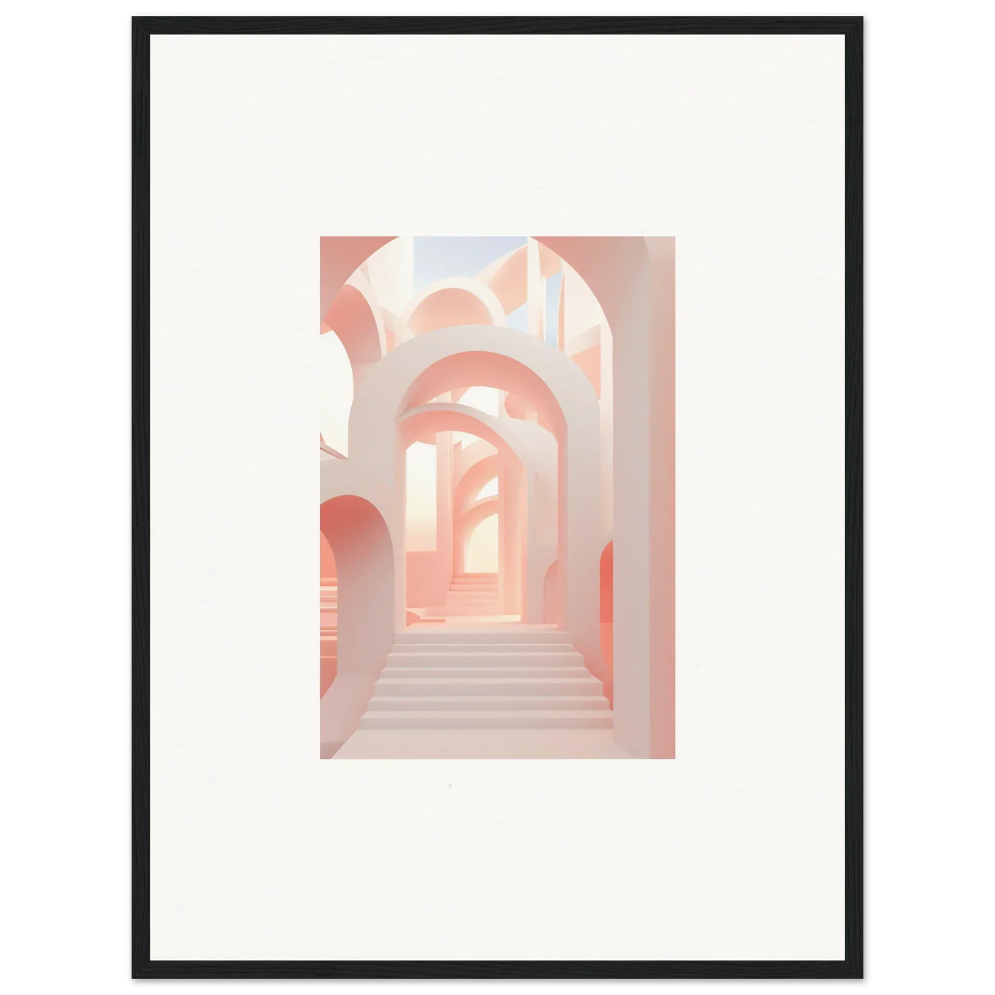 Framed artwork depicting a pastel-colored architectural passageway with arches.