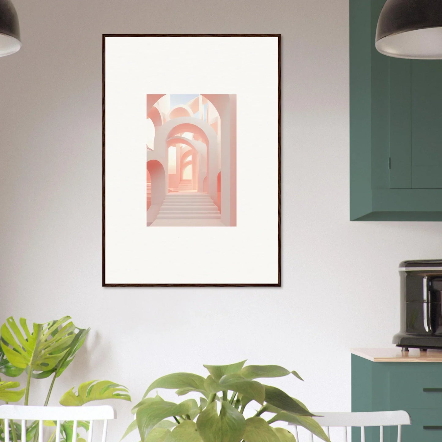 Framed artwork depicting a series of pink arched passageways.