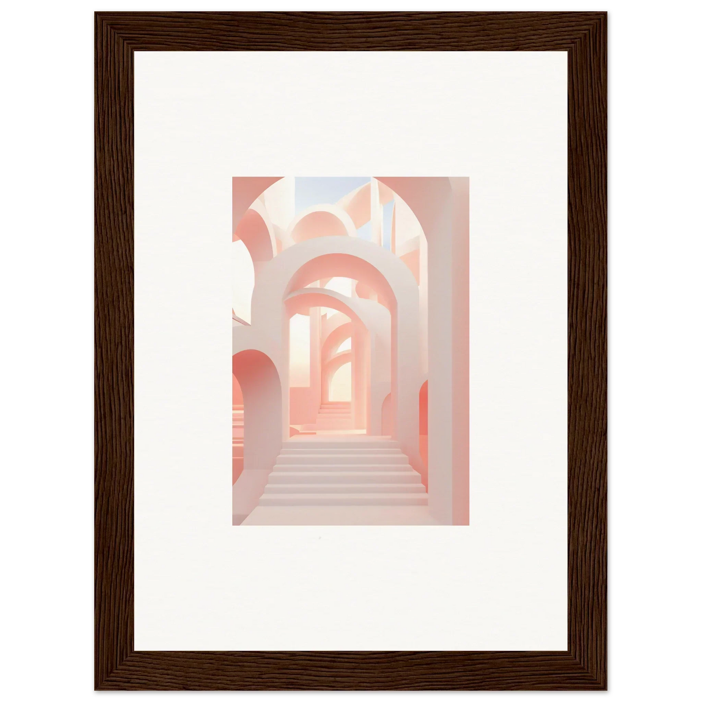 Framed artwork depicting a pastel-colored architectural passageway with arches.