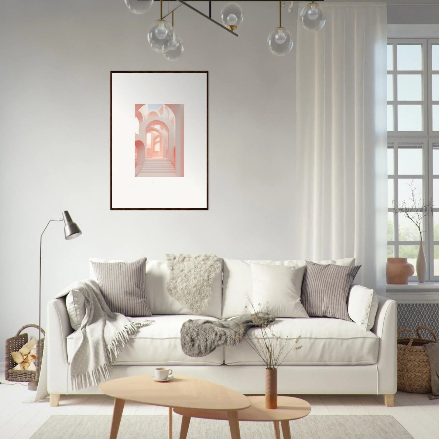 White sofa adorned with gray and cream throw pillows and blankets.