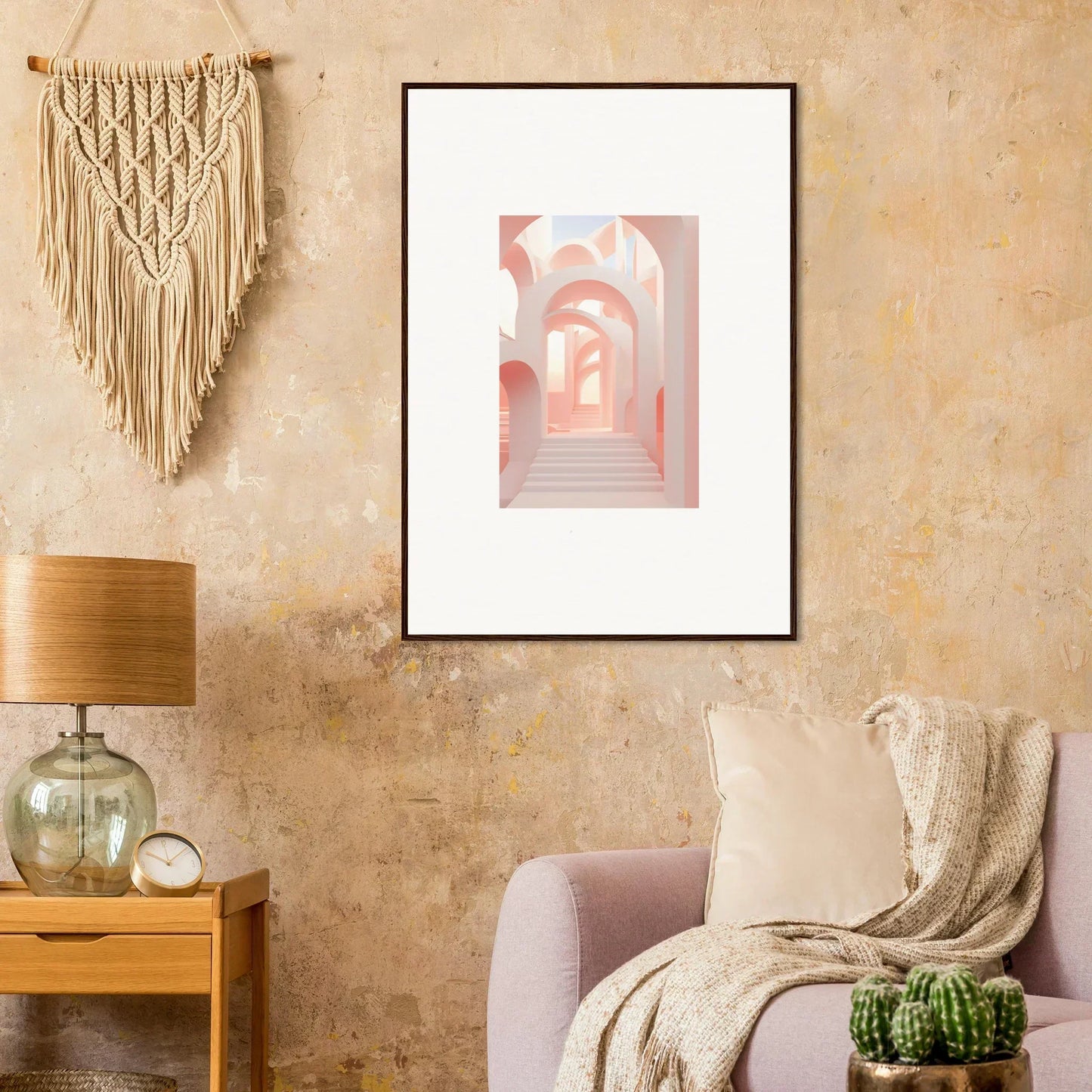 Framed print of pink arched passageways.